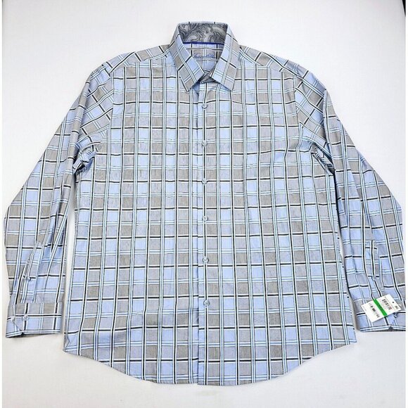 Tasso Elba Size Large 16-16.5 Men's Blue White Black Gray Check Cotton Shirt NWT - Picture 7 of 11